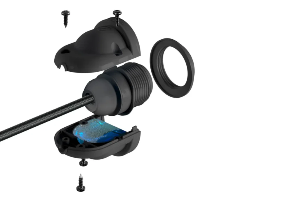 Explosionsdarstellung der EIVA IP65 Lampenfassung mit Dichtung, Gewinde und Textilkabel