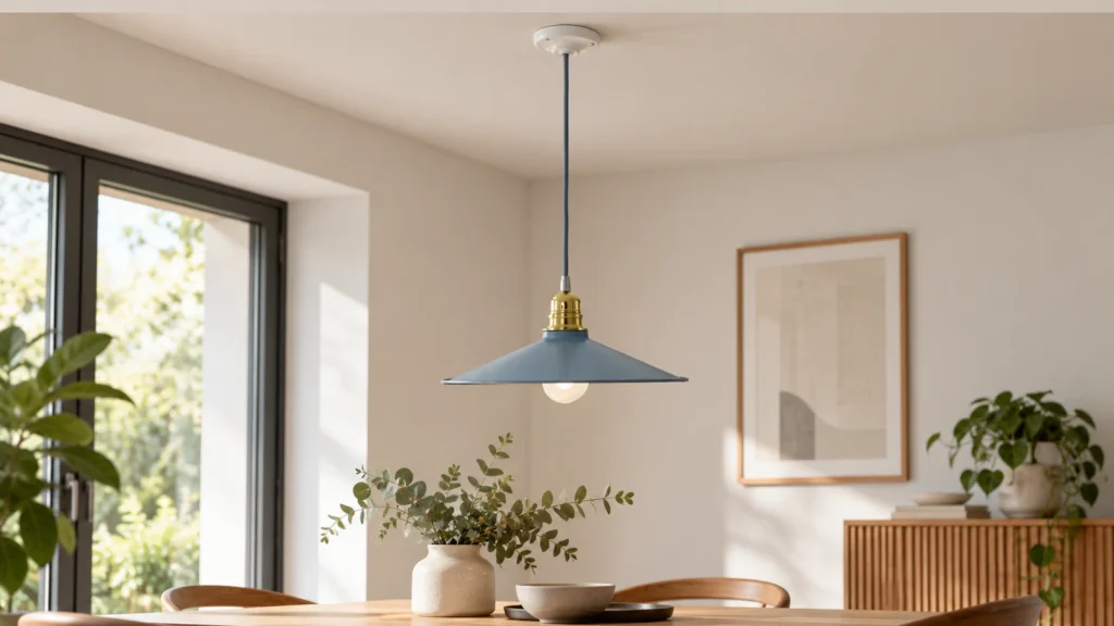 Pendelleuchte mit blauem Metallschirm, Messingfassung und weißem Baldachin über einem Holztisch im hellen Wohnraum
