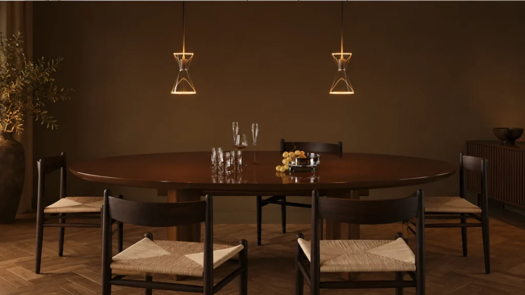 Esszimmer mit zwei Pendelleuchten im warmen Amberlicht Stimmungsvolles Esszimmer mit rundem Holztisch, dunklen Holzstühlen und zwei warm leuchtenden Pendelleuchten vor brauner Wand.