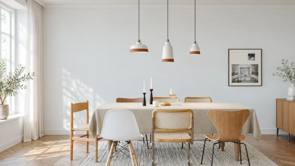 Skandinavisches Esszimmer mit drei Pendelleuchten und Holzdetails Helles skandinavisches Esszimmer mit drei weißen Pendelleuchten mit Holzdetails über einem gedeckten Esstisch.