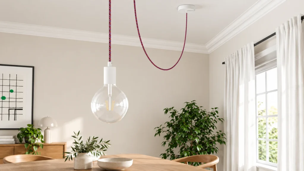 Pendelleuchte mit farbigem Textilkabel und weißem Mini-Baldachin im modernen Wohnraum Moderne Pendelleuchte mit klarem Globe-Leuchtmittel, weißem Mini-Baldachin und farbigem Textilkabel in einem hellen Wohnraum.