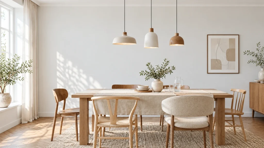 Skandinavischer Essbereich mit drei Pendelleuchten über dem Holztisch Heller skandinavischer Essbereich mit Holztisch, drei Pendelleuchten, verschiedenen Holzstühlen und dezenter Dekoration.