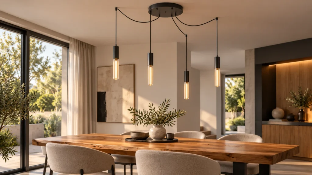 Mehrfach-Baldachin mit mehreren Pendelleuchten im modernen Essbereich Moderner Essbereich mit großem Mehrfach-Baldachin und vier Pendelleuchten mit sichtbaren Kabeln über einem Holztisch.