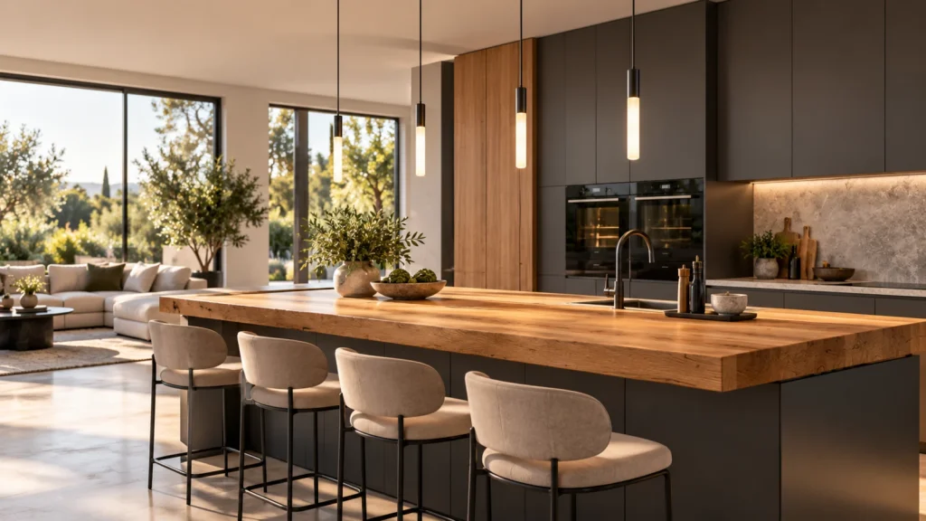 Pendelleuchten über der Kücheninsel im modernen Wohnambiente Moderne Kücheninsel mit vier schlanken Pendelleuchten und warmweißem Licht in einem hellen, stilvollen Wohn- und Küchenbereich.