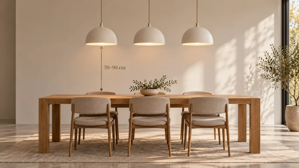 Richtige Höhe von Pendelleuchten über dem Esstisch – Seitenansicht mit Abstandshilfe 70–90 cm Seitenansicht eines modernen Esstisches in hellem Wohnambiente mit drei identischen Pendelleuchten und dezent markiertem Abstand von 70 bis 90 cm zwischen Tischplatte und Leuchtenunterkante.