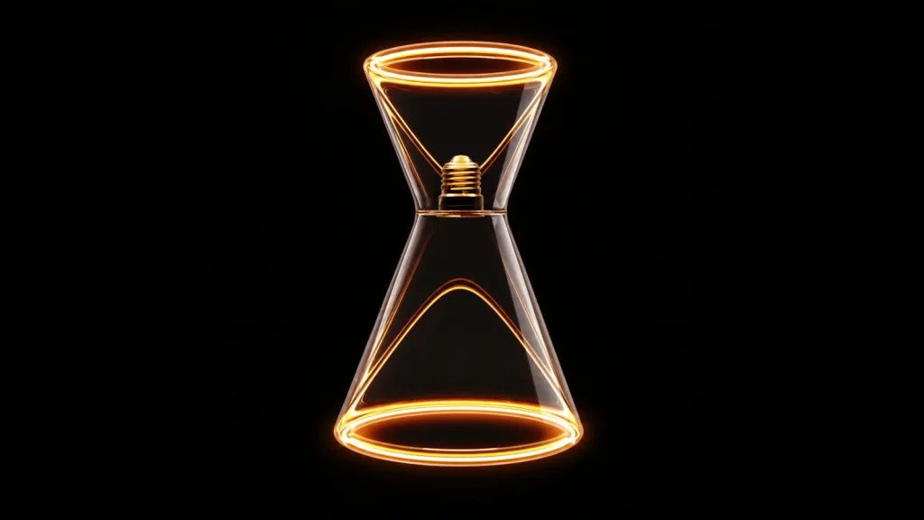 Futuristische Glasfadenlampe im Hourglass-Design mit warmem Filamentlicht Futuristische Glasfadenlampe im Hourglass-Design mit warm orange leuchtenden Filamentlinien auf schwarzem Hintergrund