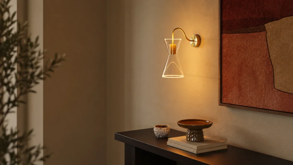 Moderne Wandleuchte mit Glasschirm in warmem Wohnambiente Moderne Wandleuchte mit klarem Glasschirm und warmem Licht über einer dunklen Konsole in einem stilvollen Wohnambiente.