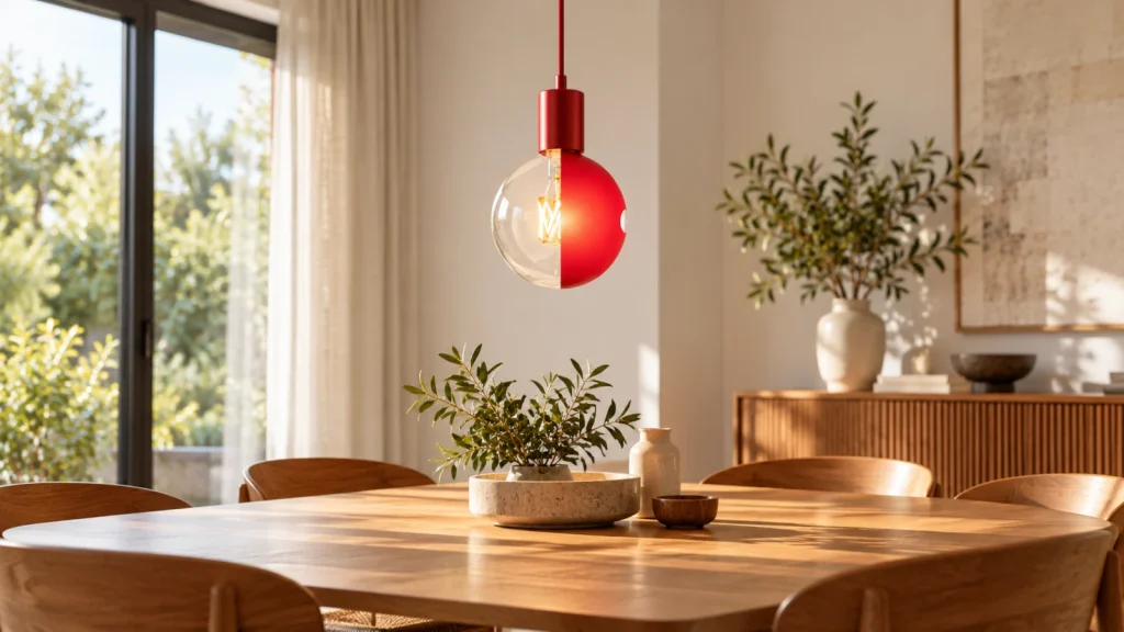Rote Pendelleuchte mit dekorativem Leuchtmittel über dem Esstisch Rote Design-Pendelleuchte mit dekorativem Globe-Leuchtmittel über einem modernen Esstisch im hellen Wohnbereich