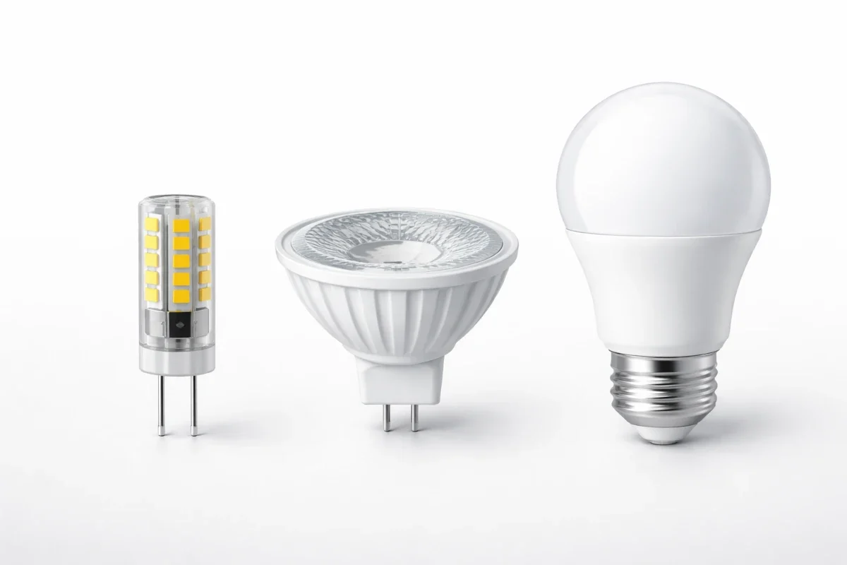 12-V-LED-Leuchtmittel mit G4-, GU5.3- und E27-Sockel auf neutralem Hintergrund