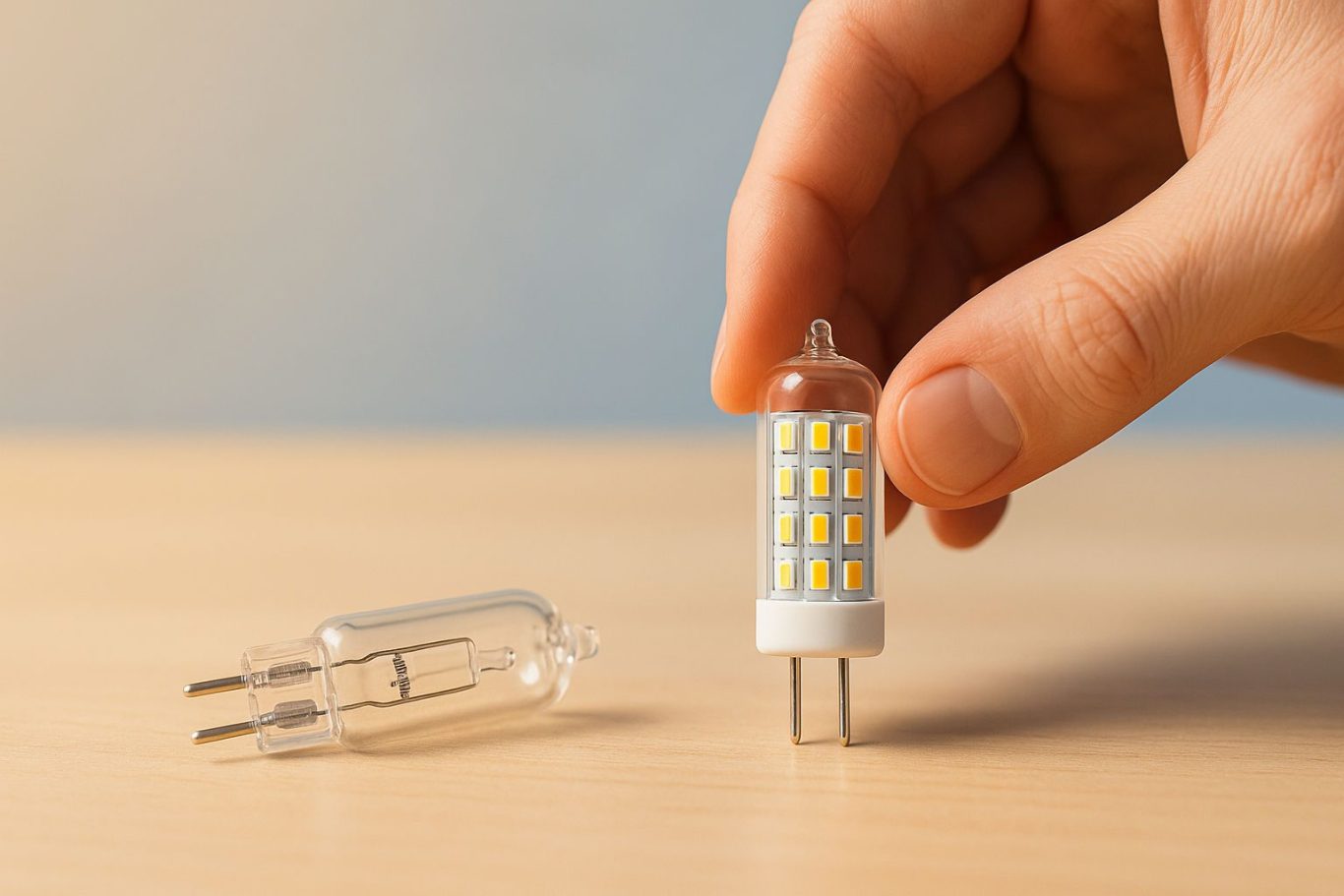 Halogen-Stiftsockellampe wird gegen LED-Lampe getauscht – erklärt den Umstieg von Halogen auf LED