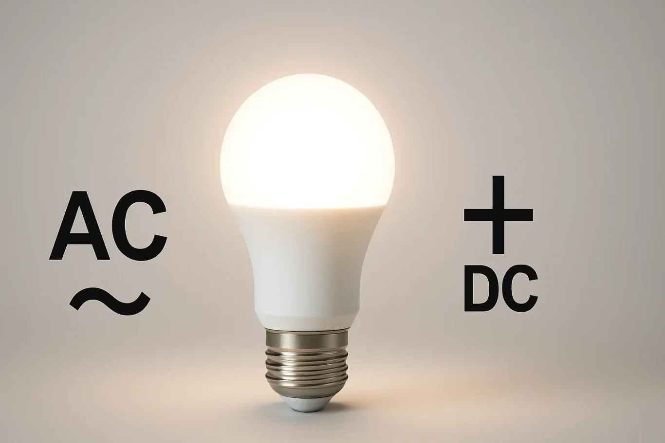 LED-Lampe zwischen AC- und DC-Symbolen – veranschaulicht die Nutzung von LEDs mit Wechselstrom und Gleichstrom.