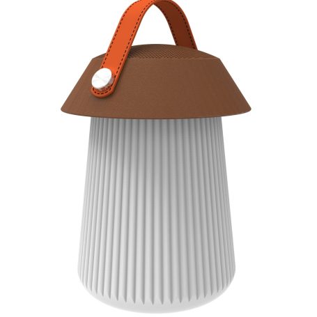 Moderne, kegelförmige Lampe mit orangefarbenem Tragegriff und braunem Schirm.