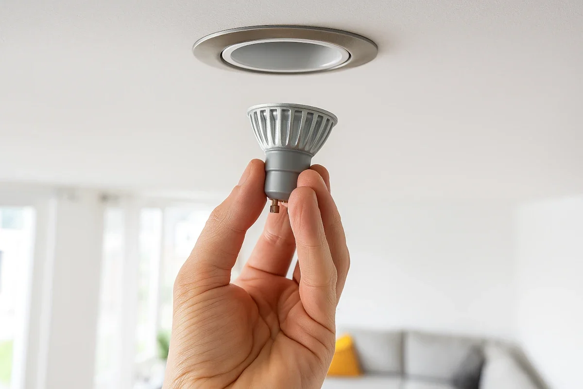 GU10 LED Lampe wird per Drehbewegung aus der Deckenfassung entfernt