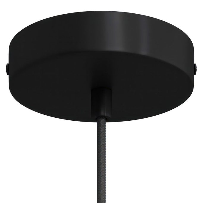 Schwarze Deckenleuchte mit runder Abdeckung und Kabel.