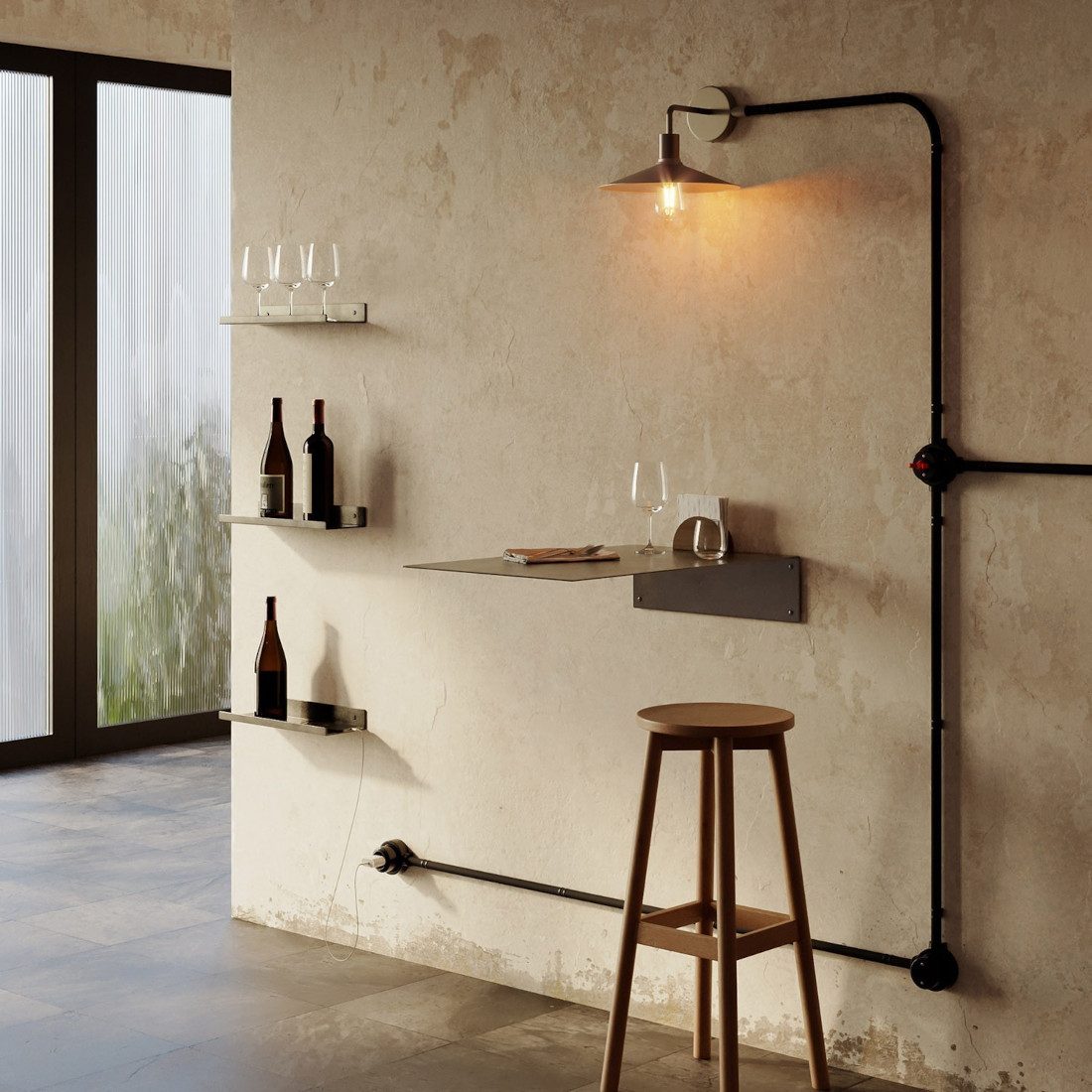 Kabelkanal für Wohnzimmer mit dekorativer sichtbarer Kabelführung Schwarzer Kabelkanal führt ein Lampenkabel sichtbar zu einem Porzellanschalter in einem modernen Wohnzimmer