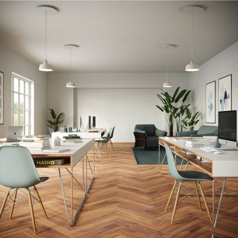 Moderne Büroumgebung mit Holzfußboden, Pflanzen und aufgeräumten Arbeitsplätzen.