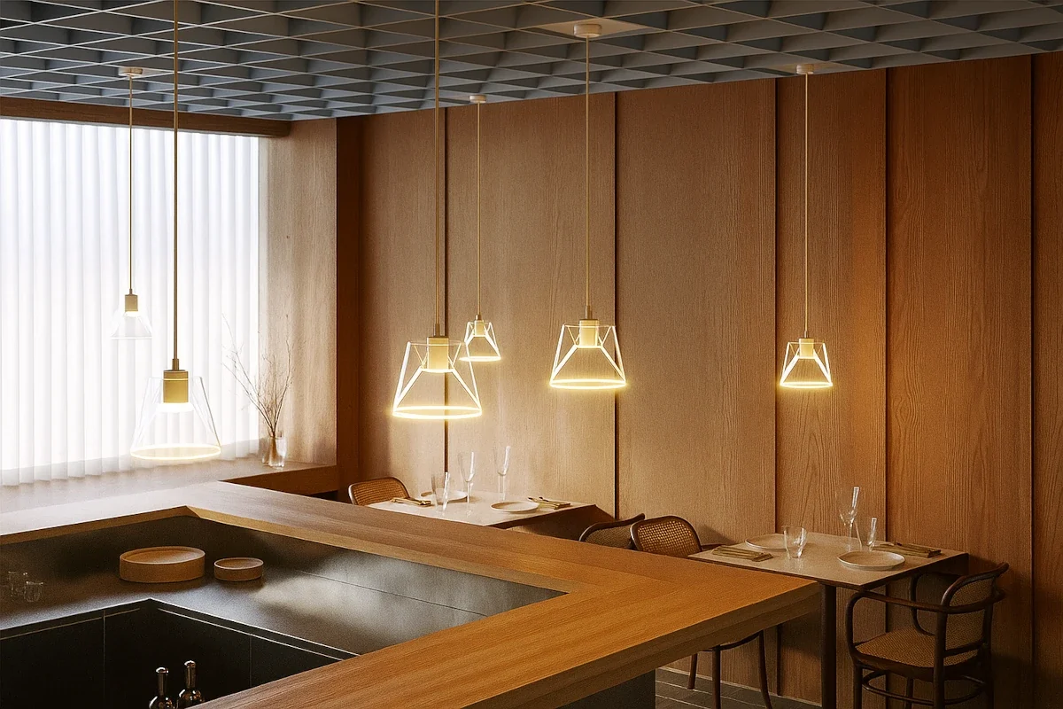Moderne Pendellampe mit LED-Licht über Esstisch im Wohnzimmer