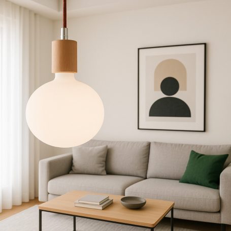 Moderne Wohnzimmer mit einer hängenden Lampe, einem Sofa und einem minimalistischen Kunstwerk.
