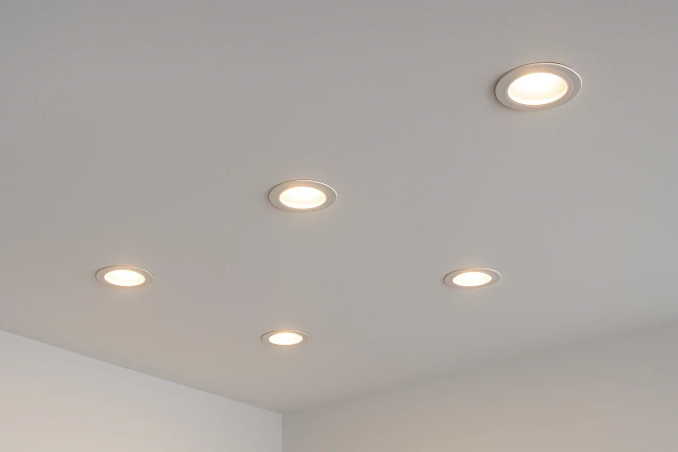 Deckenansicht mit eingebauten LED-Einbauspots – bündig montierte Downlights leuchten warmweiß in einer modernen Zimmerdecke.