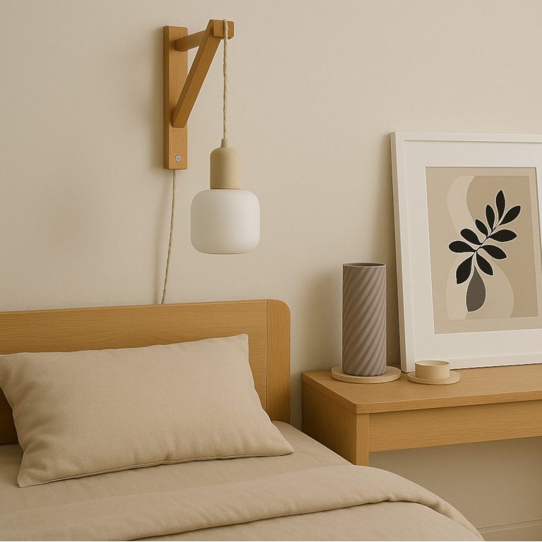Ein minimalistisches Schlafzimmer mit einem Holzbett, einer Pendelleuchte und Kunst an der Wand.