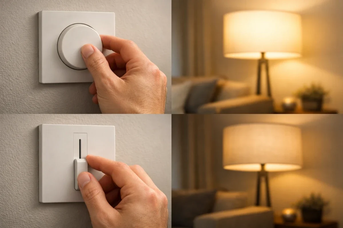 LED dimmbar richtig einstellen: Kompatiblen Dimmer wählen und Flackern vermeiden. Wohnszene mit gedimmter LED-Lampe und bedientem Wanddimmer, Helligkeit sichtbar reduziert.