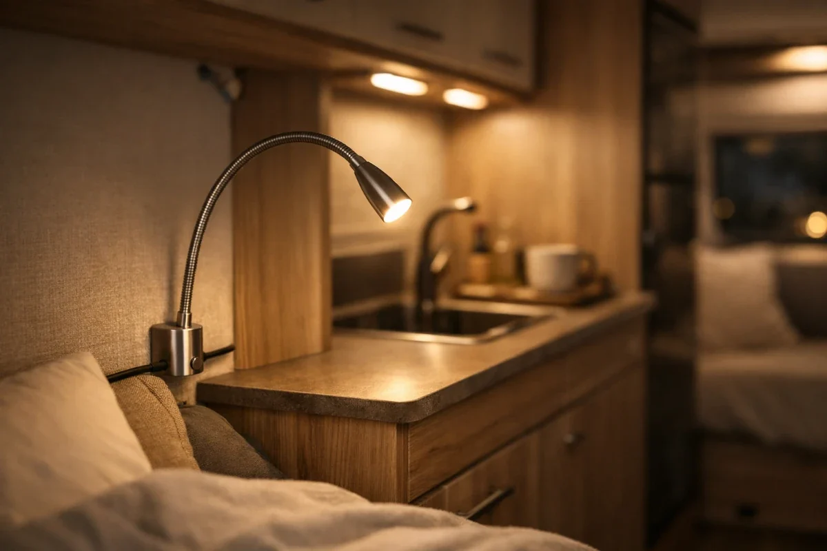 LED-Schwanenhalsleuchte mit flexiblem Arm im Caravan am Bett montiert