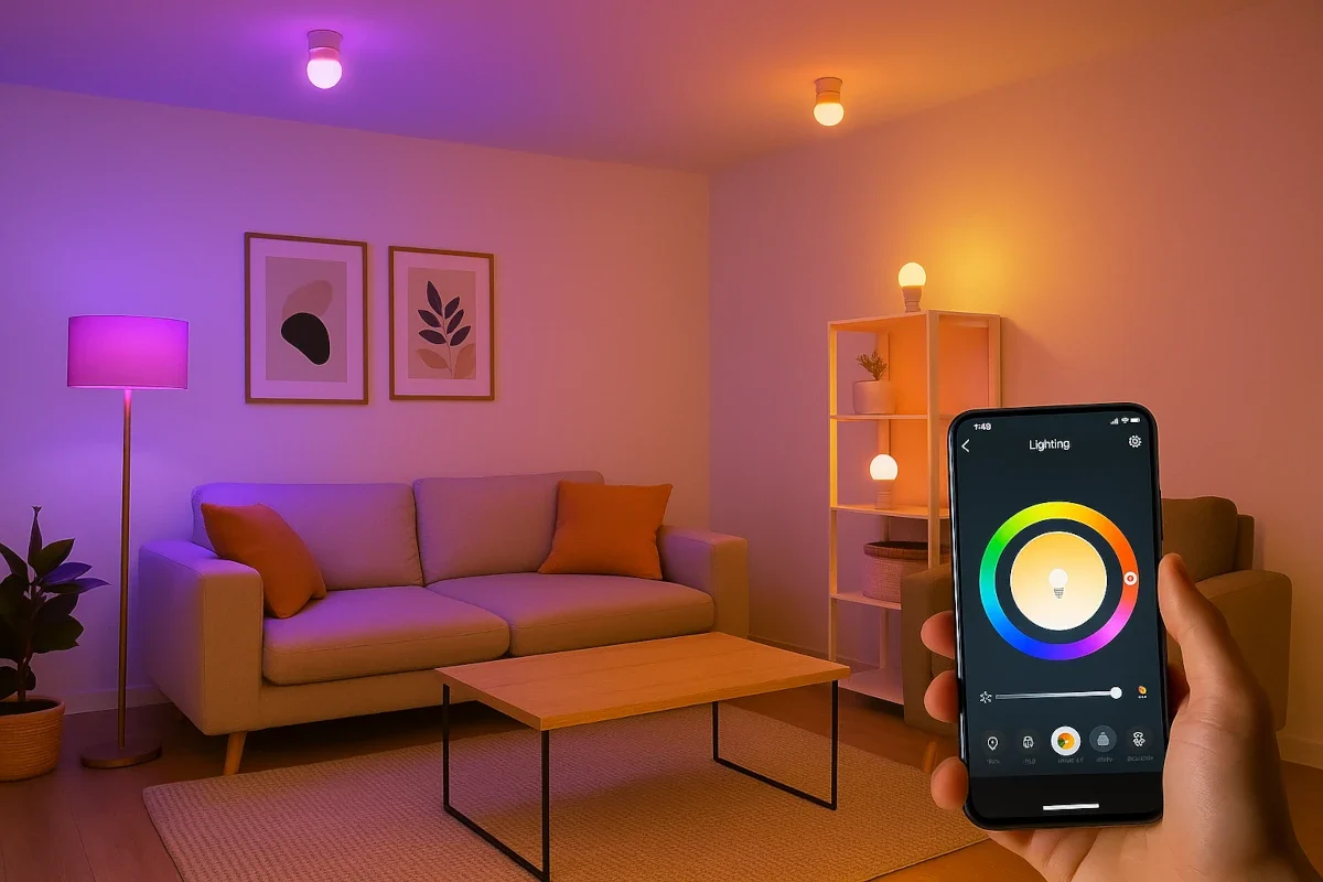 Zigbee E27 Color RGBW-LED-Lampen in verschiedenen Farben im Wohnzimmer, App-Steuerung sichtbar