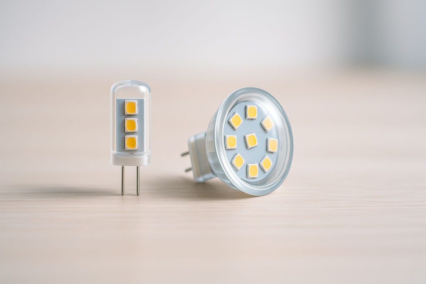 Zwei LED-Lampen nebeneinander – zeigt den Unterschied zwischen G4 und GU4 Fassung