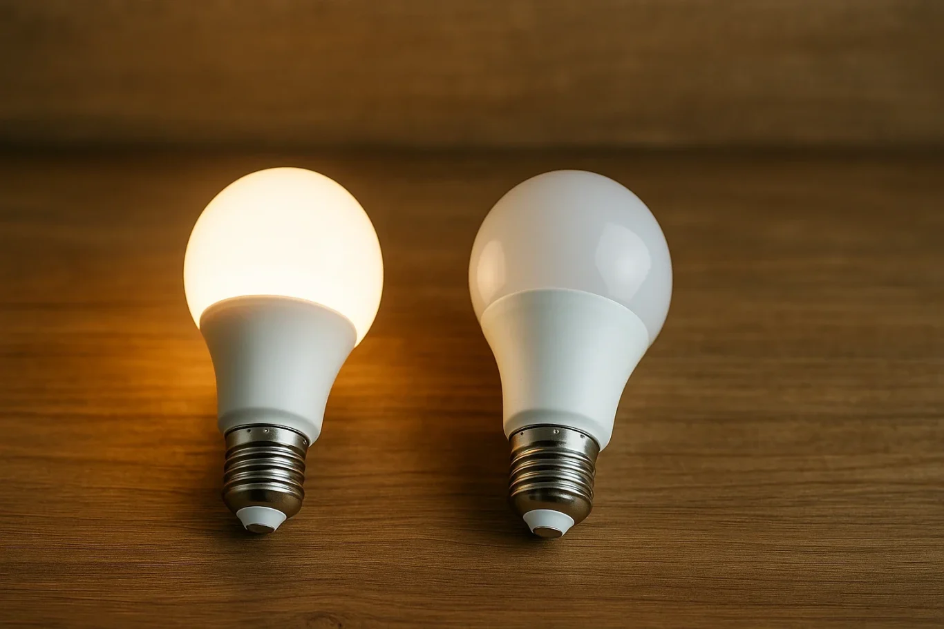 Was ist der Nachteil von LED-Lampen? – Hero-Bild DELiver-light mit leuchtender und ausgeschalteter LED-Lampe auf Holztisch