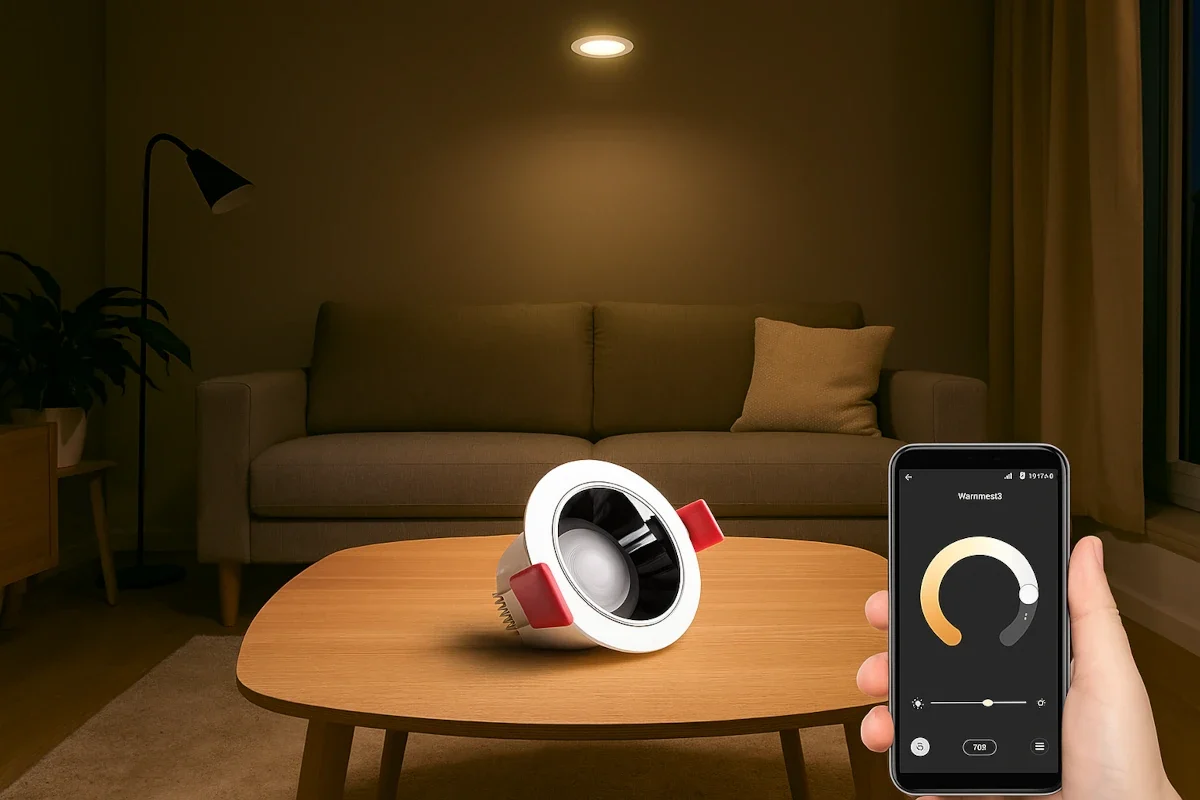 Zigbee Deckenleuchte im modernen Wohnzimmer, warmweißes Licht, smarte Steuerung per App