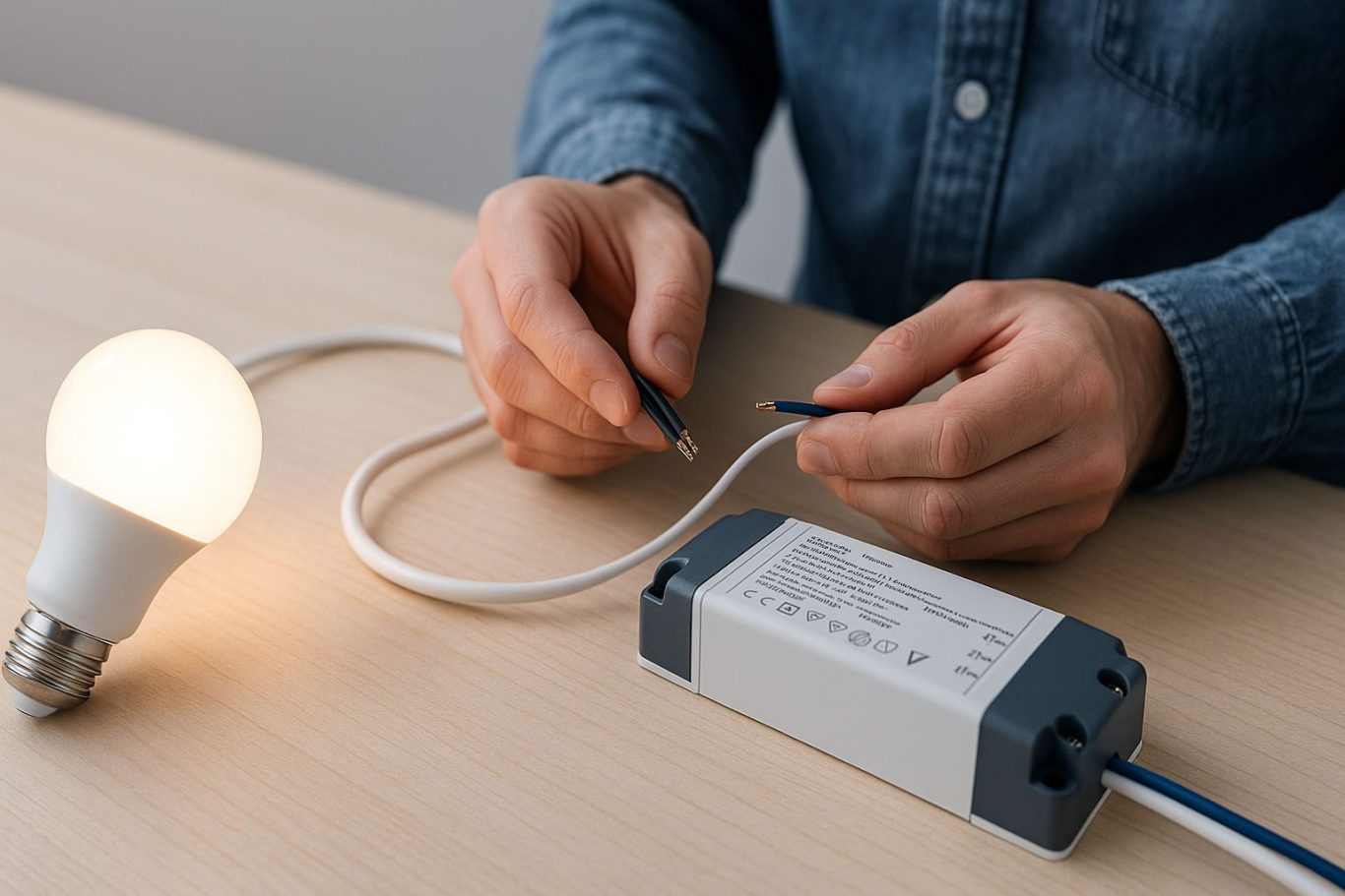 Warum braucht man spezielle Trafos für LED – verständlich erklärt im DELiver-light Ratgeber LED-Trafo und Lampe auf Werkbank – erklärt, warum man spezielle Trafos für LED braucht