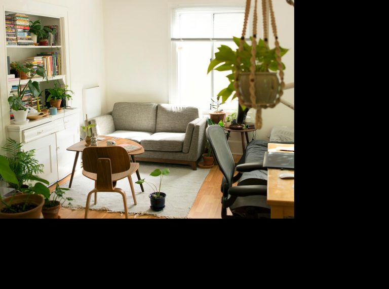 Heller Wohnraum mit grauem Sofa, Pflanzen und Tisch, harmonisch und einladend eingerichtet.