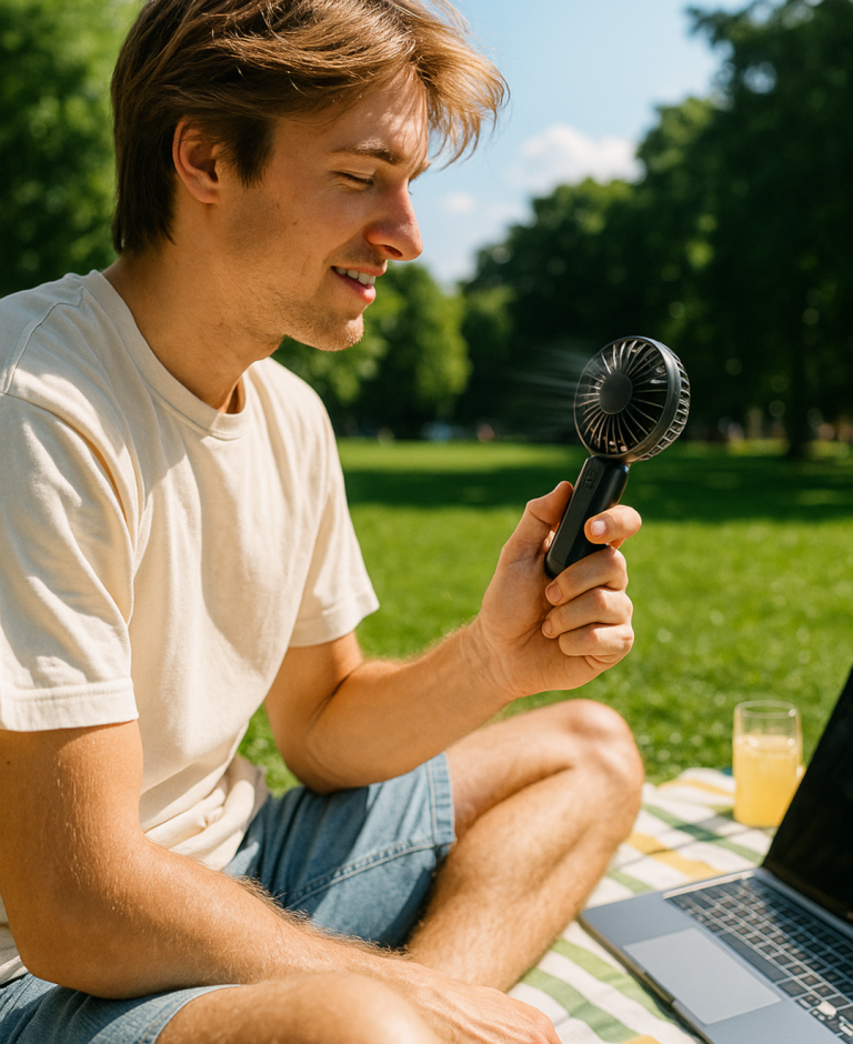 Junger Mann sitzt im Freien, hält ein Mini Ventilator und blickt auf einen Laptop.