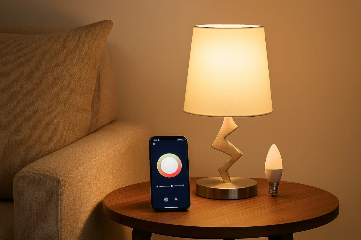Zigbee Tischleuchte mit smarter LED-Leuchtmittel auf Beistelltisch im Wohnzimmer, App-Steuerung auf Smartphone