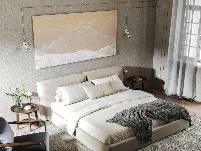 Textiler Kabelkanal als sichtbare Wand- und Deckenführung in einem Schlafzimmer