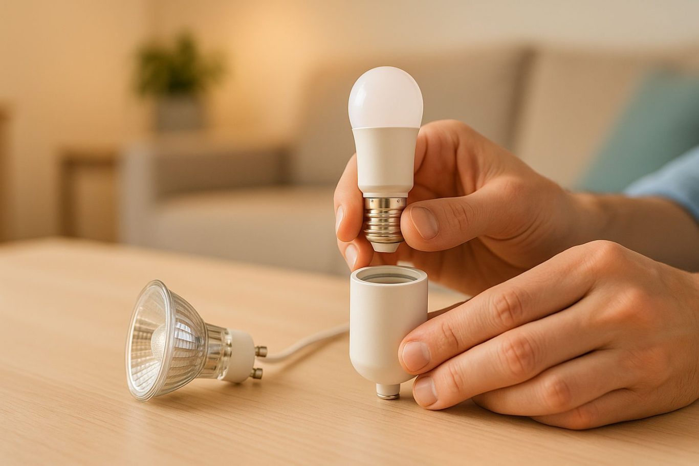 Person tauscht Halogenlampe gegen LED-Leuchtmittel – erklärt, wie man Halogen auf LED umrüstet