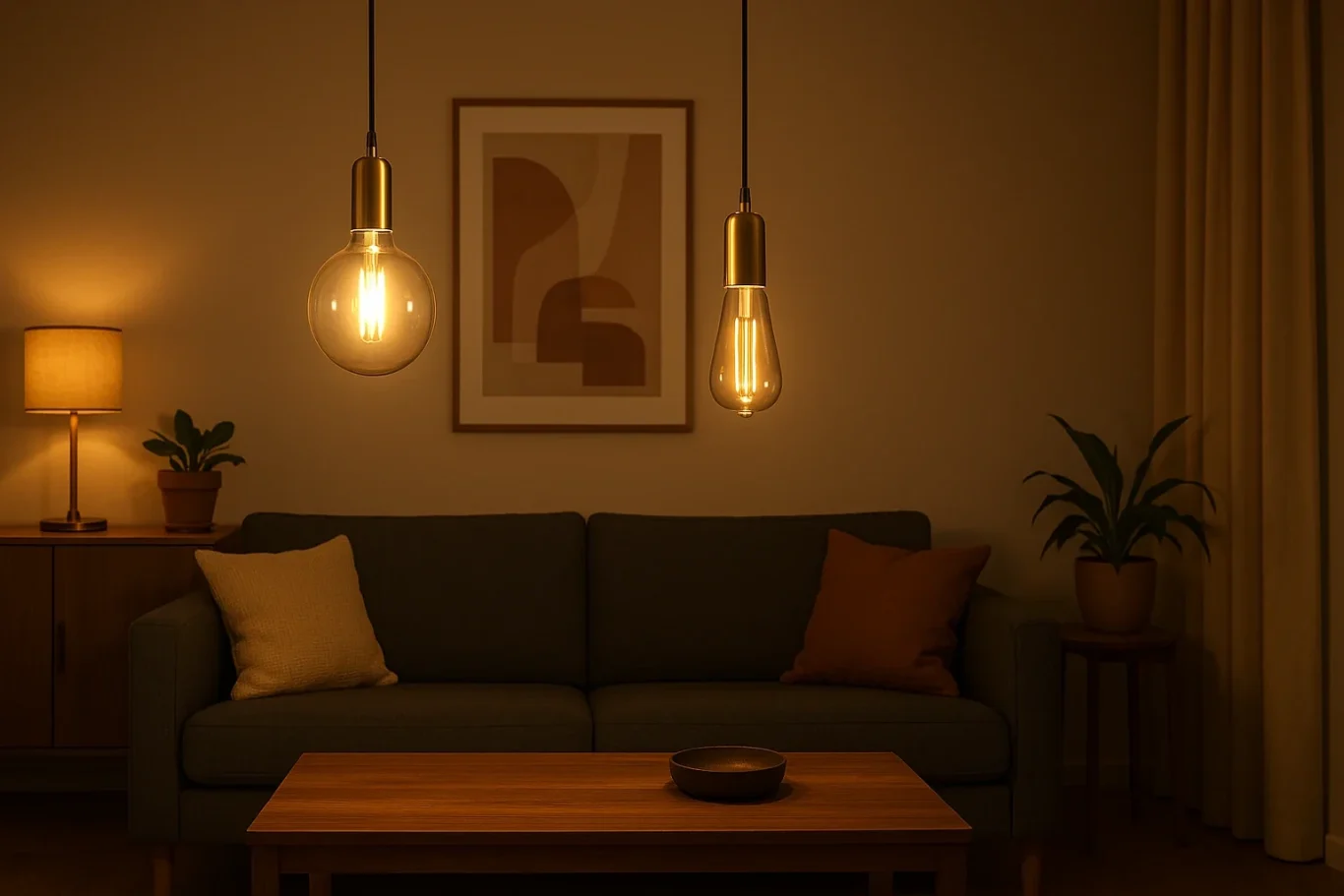 Dimmbare Design-LED-Leuchtmittel in Pendelleuchten – warmweißes Licht mit sichtbarem Helligkeitsunterschied.