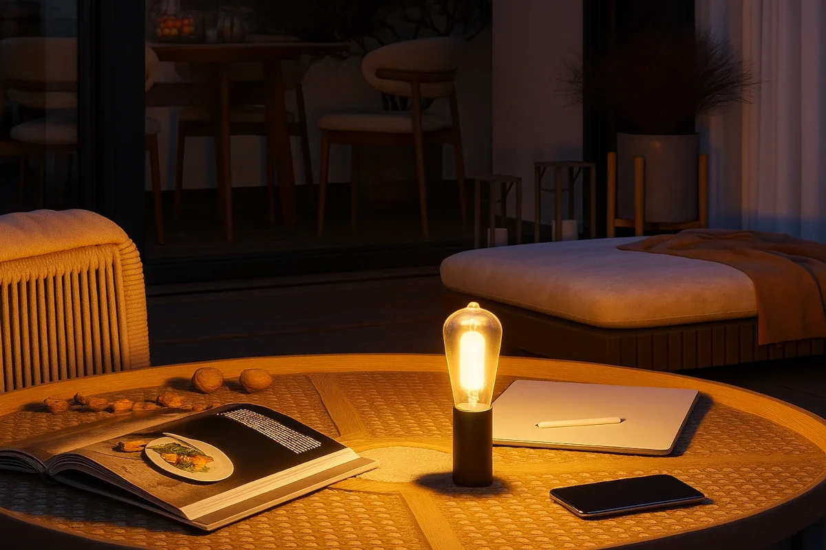 Kabellose LED-Lampe mit Akku auf Holztisch im Garten bei Abendlicht
