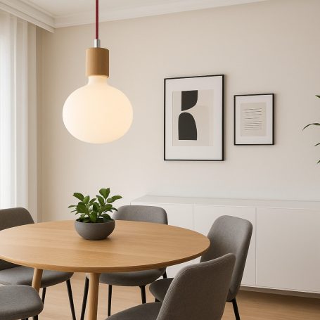 Moderner Essbereich mit hängender Lampe, runder Tisch und grüner Pflanze.