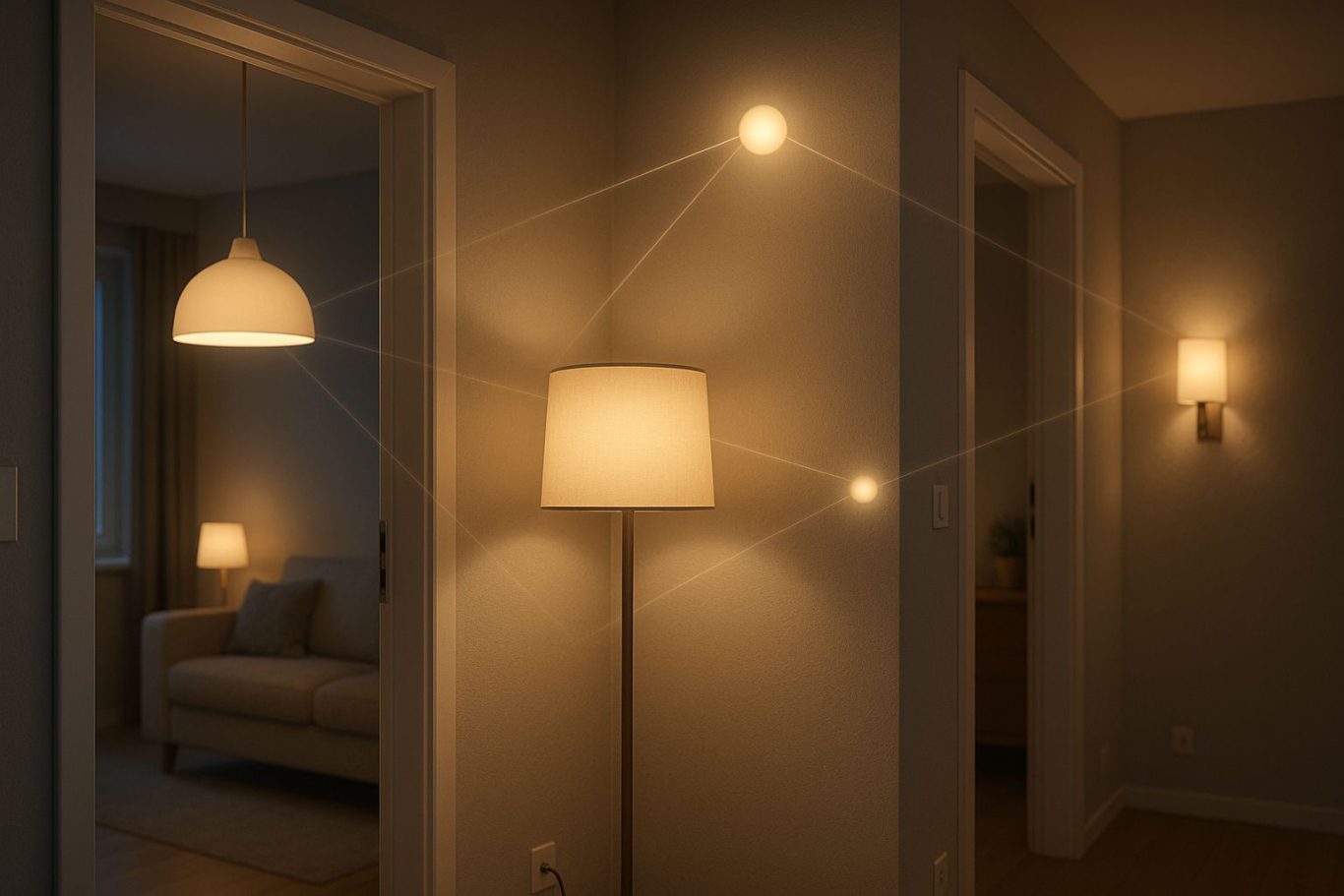 Zigbee-Lampen in mehreren Räumen eines Hauses – erklärt anschaulich, wie weit Zigbee reicht