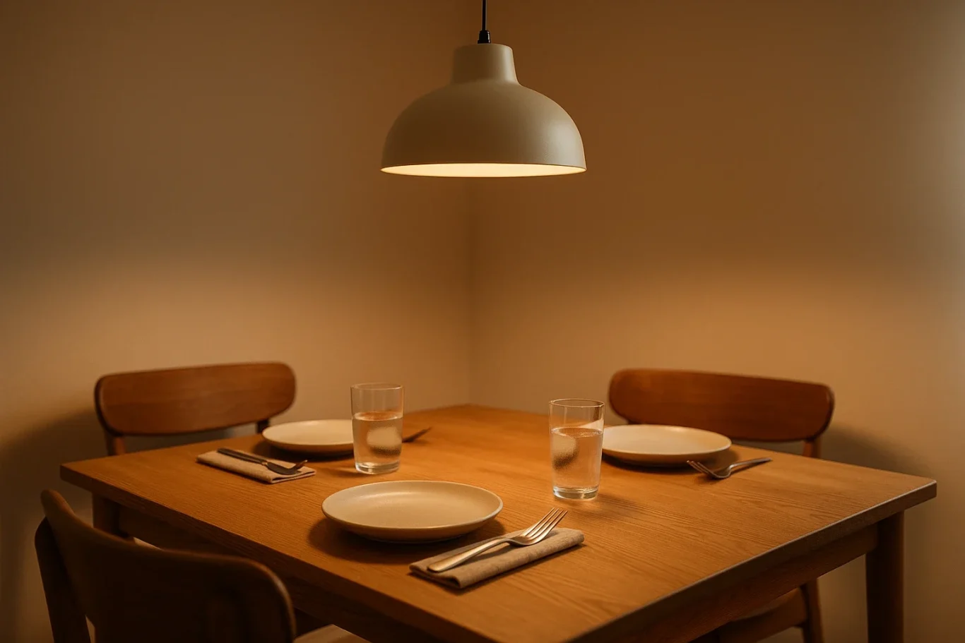Sanft ausgeleuchteter Esstisch unter moderner Pendelleuchte – Helligkeit einer 24-W-LED wohnlich gezeigt | DELiver-light