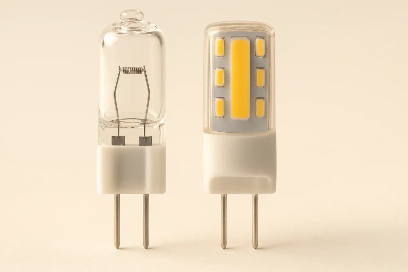 Zwei Stiftsockellampen GY6.35 und G6.35 im Vergleich, Fokus auf unterschiedliche Stiftabstände, neutral beleuchtet.