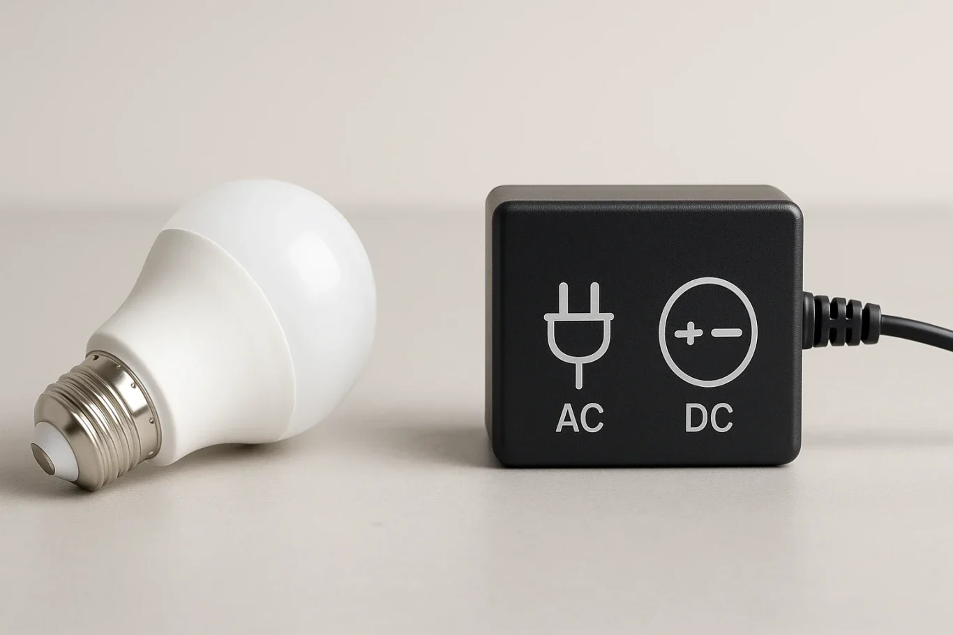 LED-Lampe neben zwei Netzteilen mit Symbolen für Wechselstrom (~) und Gleichstrom (+/−) – Unterschiede der Stromarten deutlich sichtbar.