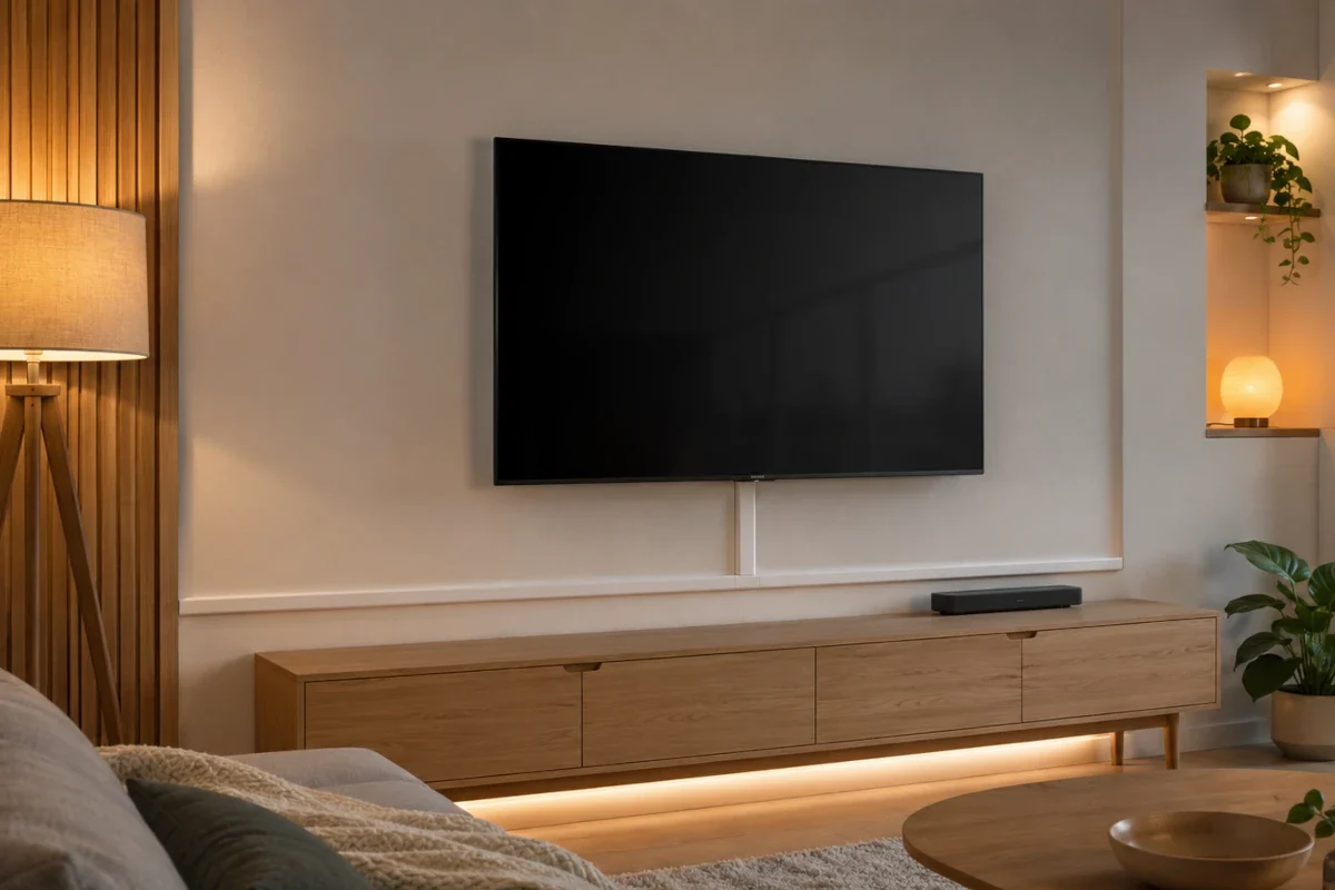 Kabelkanal für Fernseher und TV-Kabel richtig auswählen Moderner Fernseher mit sauber verlegten Strom-, HDMI- und Netzwerkkabeln in einem weißen Kabelkanal an der Wohnzimmerwand