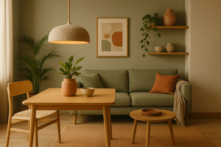 Gemütlicher Wohnbereich mit grünem Sofa, Holztisch und Pflanzen.