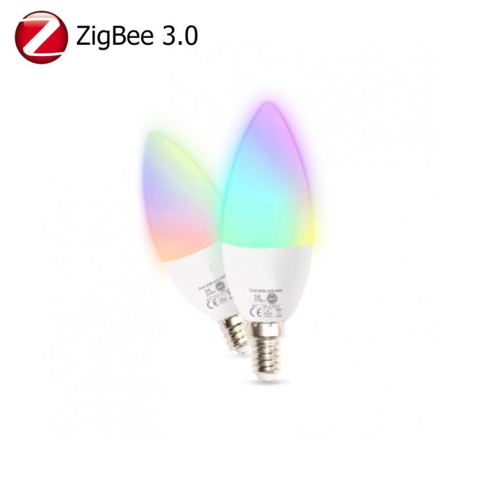 Zwei ZigBee 3.0 LED-Lampen mit buntem, leuchtendem Licht.
