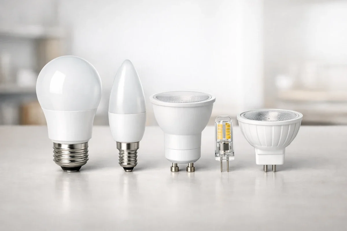 LED Fassungen erkennen und passende Leuchtmittel einfach auswählen Verschiedene LED Fassungen im Vergleich E27 E14 GU10 G4 und GU5.3 nebeneinander dargestellt