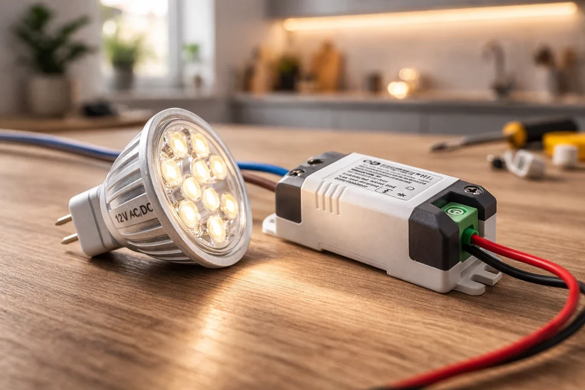 12V LED neben kleinem LED-Trafo in DIY-Umgebung mit sichtbarer AC/DC-Kennzeichnung