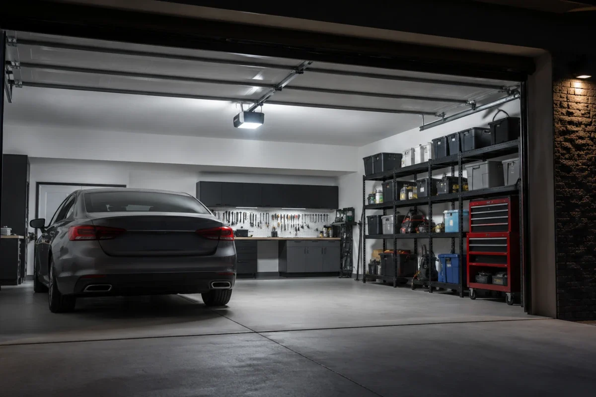 Geöffnete Garage mit eingeschalteter Beleuchtung am elektrischen Garagentorantrieb