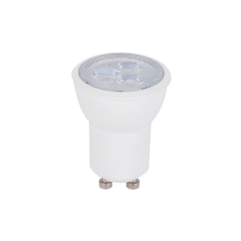 Weiße LED-Lampe mit GU10-Sockel und klarem Glasdesign.